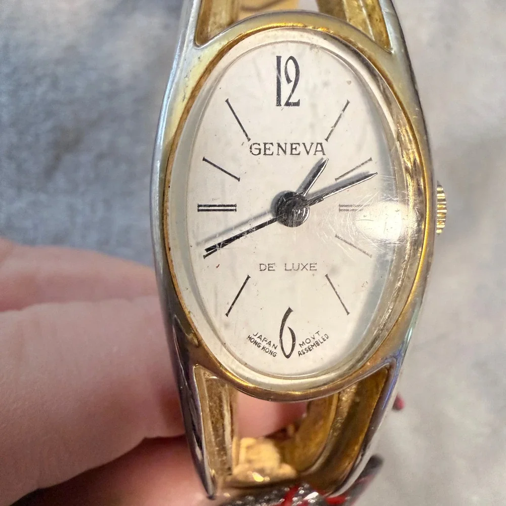 Vintage Geneva De Luxe Bangle Watch Two Tone Cream Japan Movement Untested